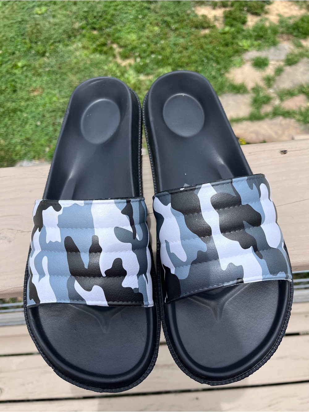 Men's Black Slide Sandals with Blue Camo Strap